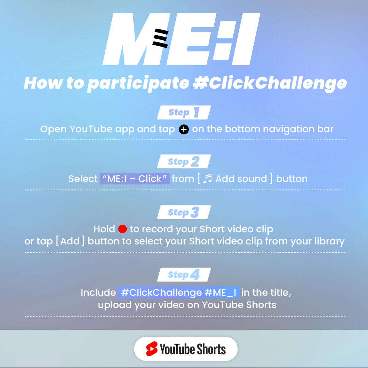 ME:I(ミーアイ)4月17日発売DEBUT SINGLE「MIRAI」のタイトル曲「Click」 先行配信スタート!それに合わせ、#ClickChallenge をYouTube ショートにて開催!! 3 ME:I(ミーアイ)4月17日発売DEBUT SINGLE「MIRAI」のタイトル曲「Click」 先行配信スタート!それに合わせ、#ClickChallenge をYouTube ショートにて開催!!