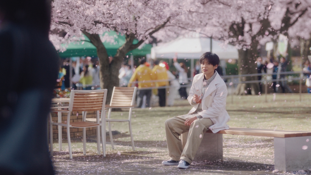 大学の先輩役の目黒蓮が満開の桜の中、新たな出会いを迎える新入生を見守り「ちょっと大人になった気分」