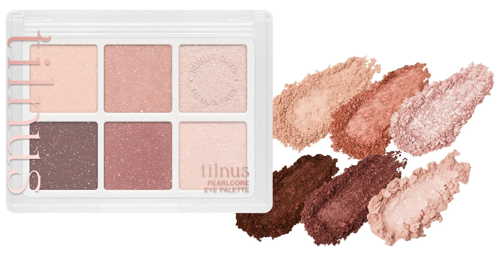 NiziUファン必見!tilnus「パールコア アイパレット」新発売、メンバー着用衣装が限定ポップアップで初公開! 5 tilnusのパールコアアイパレットの画像。アイシャドウパレットと、それぞれの色のスウォッチが写っています。