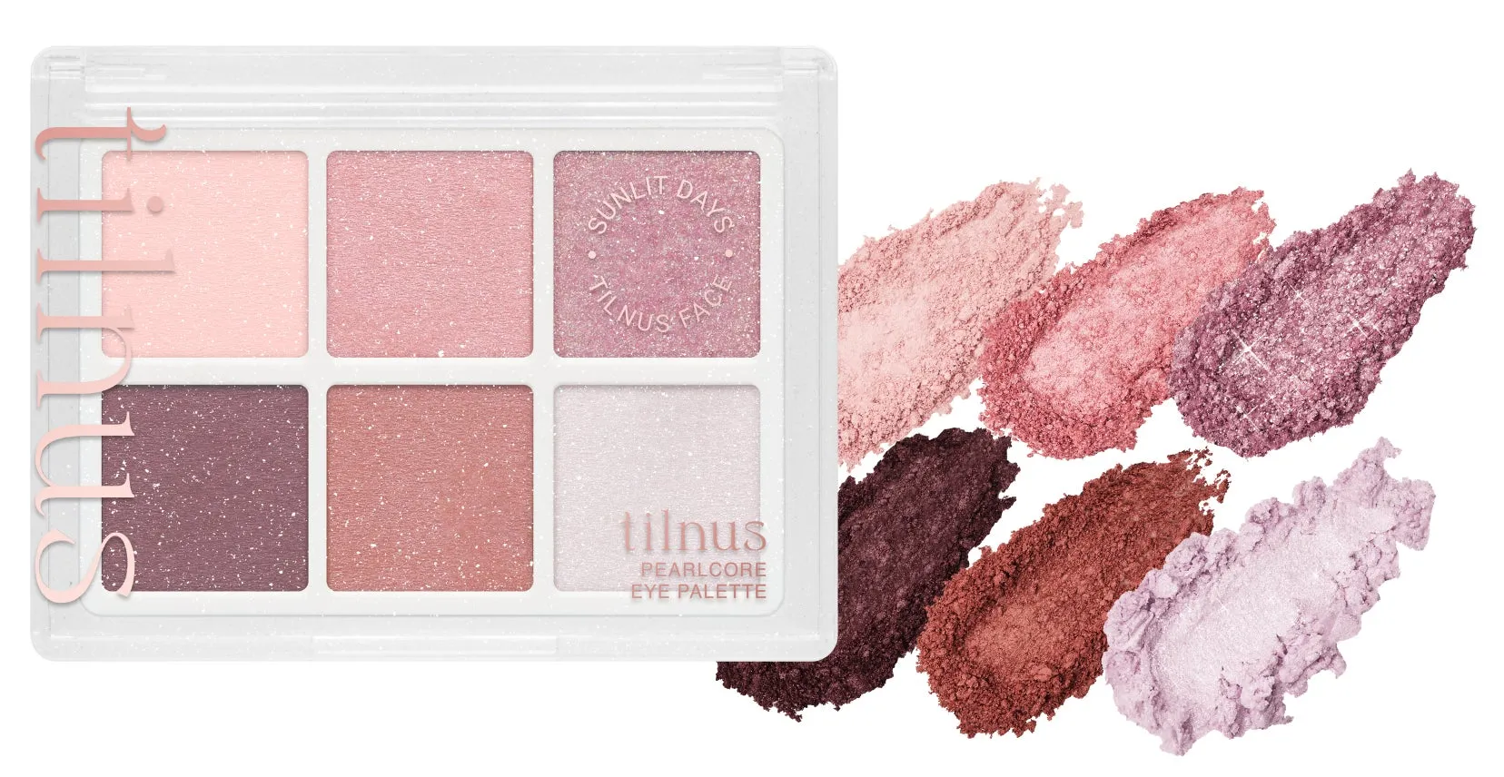 NiziUファン必見!tilnus「パールコア アイパレット」新発売、メンバー着用衣装が限定ポップアップで初公開! 7 tilnusのパールコアアイパレットの画像。6色のアイシャドウパレットと、それぞれの色のスウォッチが写っています。