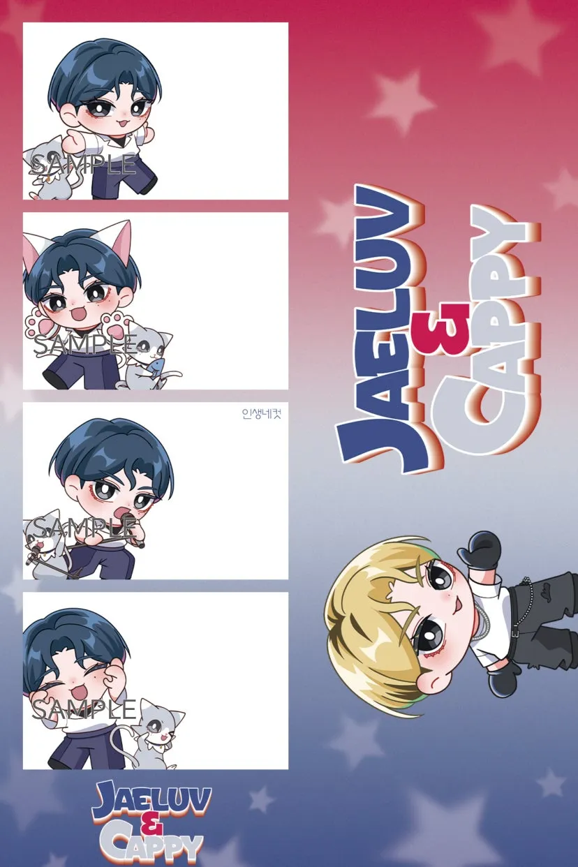 JaeLuv & Cappyのイラスト画像。様々なポーズをとったキャラクターが描かれており、猫のキャラクターも登場する。背景には星が散りばめられている。