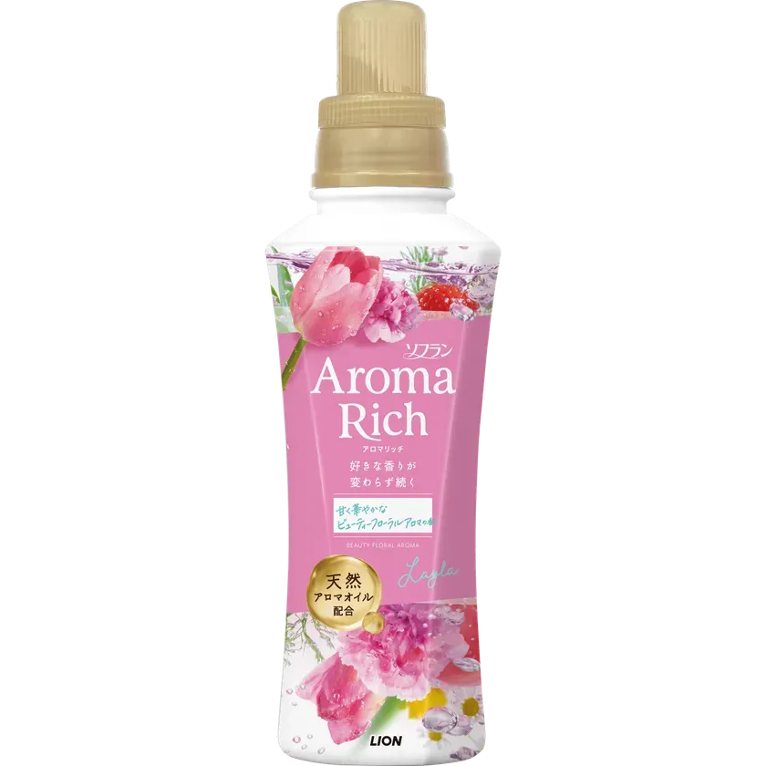 ピンク色の液体洗剤のボトルの写真。ボトルには、花とアロマに関する情報が記載されている。