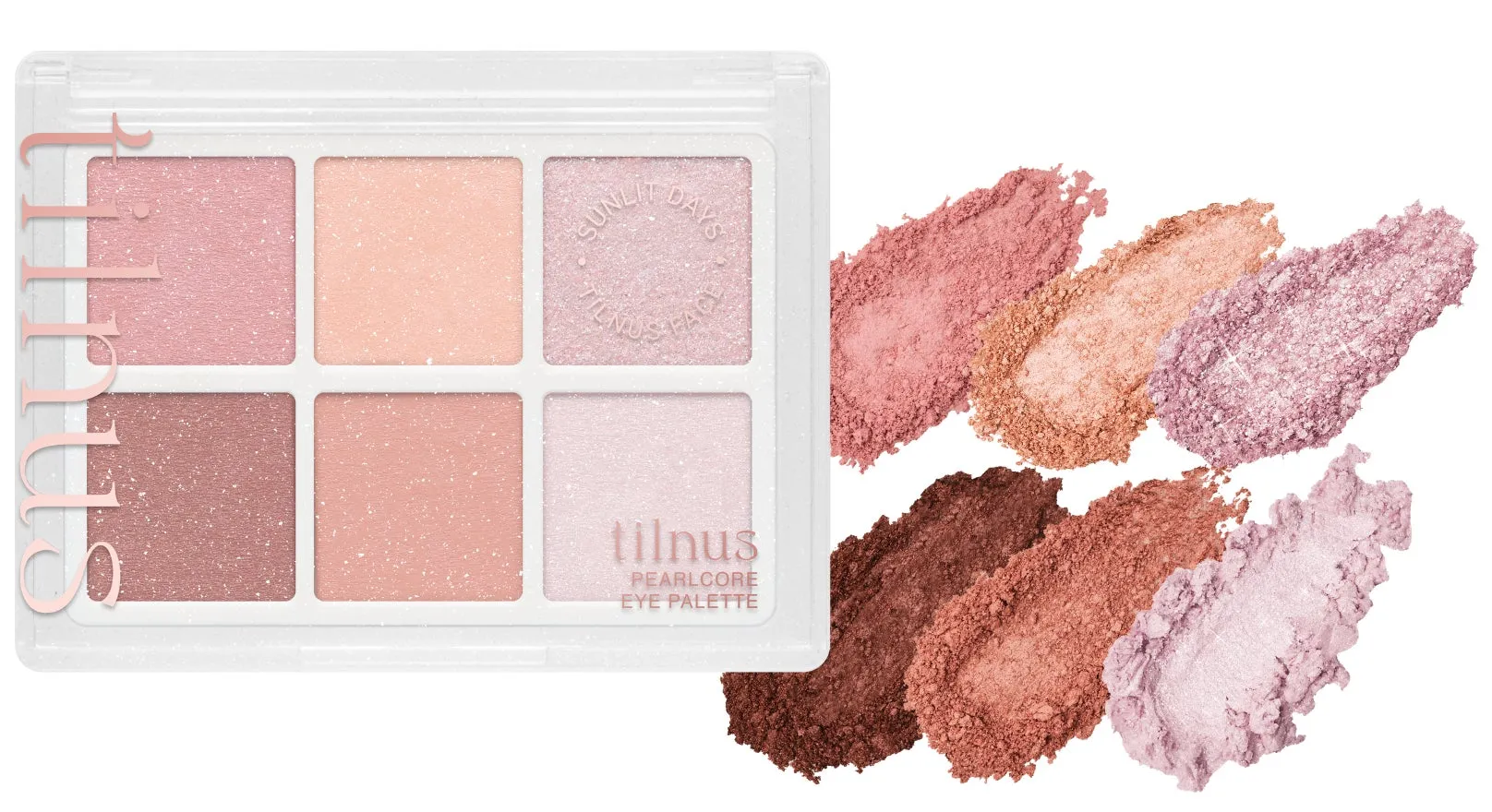 NiziUファン必見!tilnus「パールコア アイパレット」新発売、メンバー着用衣装が限定ポップアップで初公開! 6 Tilnusのアイシャドウパレットの画像。パレットは、ピンク、オレンジ、紫などの様々な色合いの6つの正方形のアイシャドウで構成されています。パレットの横には、それぞれの色のスウォッチが示されています。