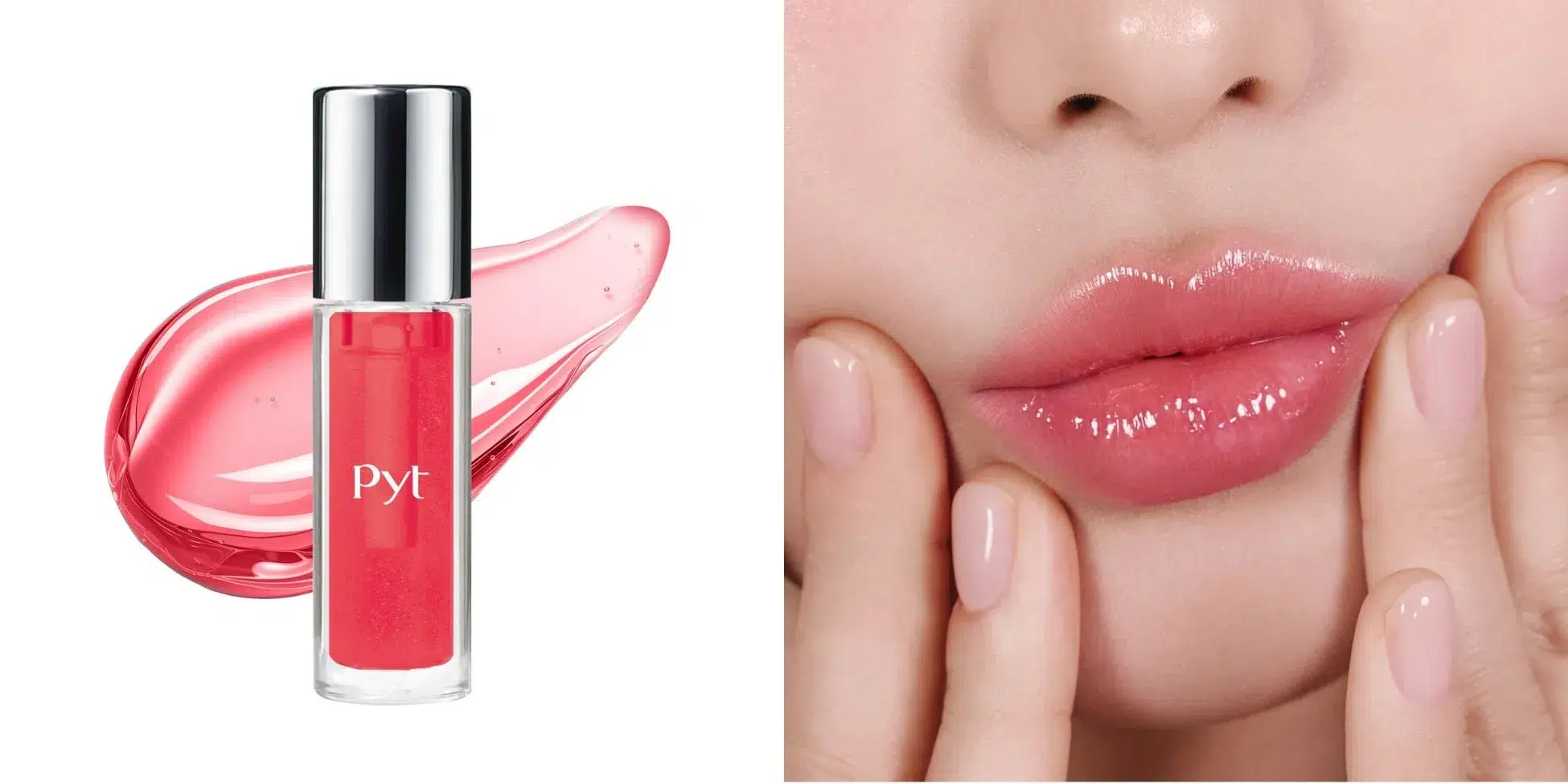 LE SSERAFIM専属メイクアップアーティスト監修!Pyt「GENBA LIP GLOSS」から待望のホリデー限定2色が登場 4 リップグロスと唇のクローズアップ画像。リップグロスは赤い液体で、唇は赤く光沢がある。