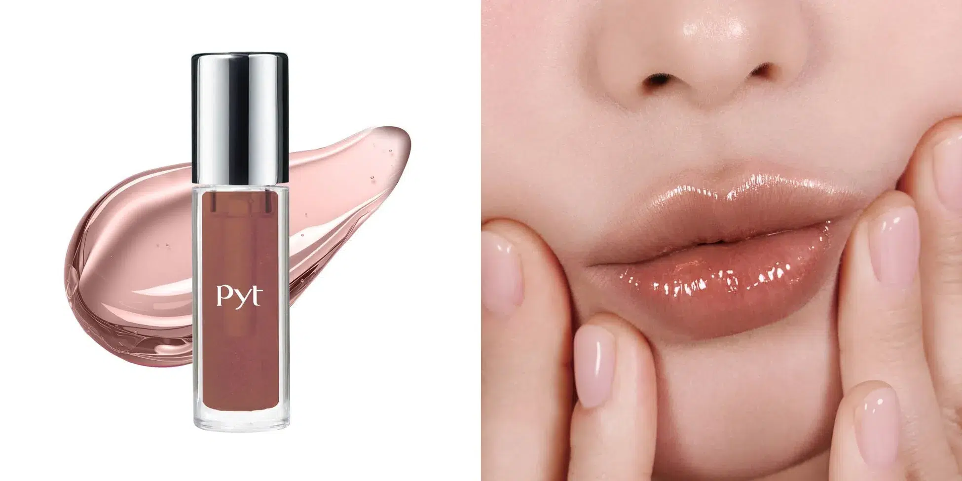 LE SSERAFIM専属メイクアップアーティスト監修!Pyt「GENBA LIP GLOSS」から待望のホリデー限定2色が登場 3 口紅と唇のクローズアップ写真。口紅のチューブと、唇に塗られた口紅が写っています。