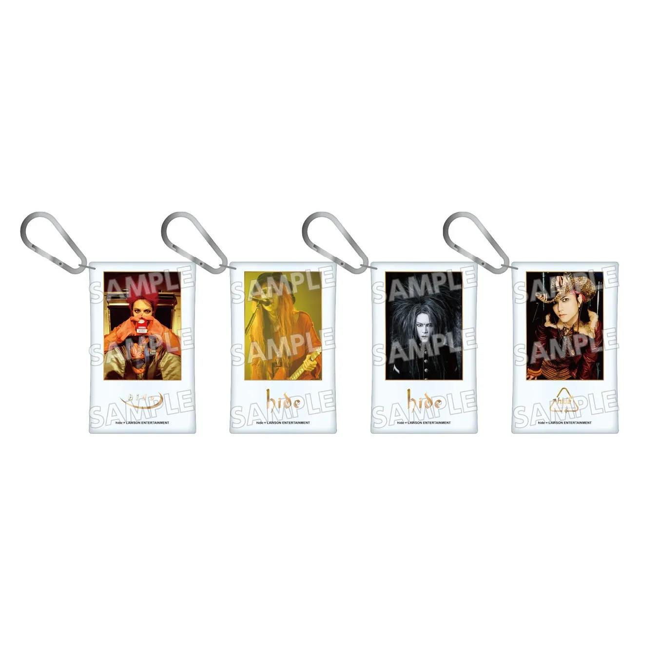 hide生誕60周年&『PSYENCE』30周年記念!ローソン限定「hideくじ 2026」でファン垂涎の豪華景品をゲット! 4 hideのキャラクターアクリルスタンドの画像。4つの異なるポーズで、それぞれギターを持っています。各スタンドには「SAMPLE」の文字が印刷されています。