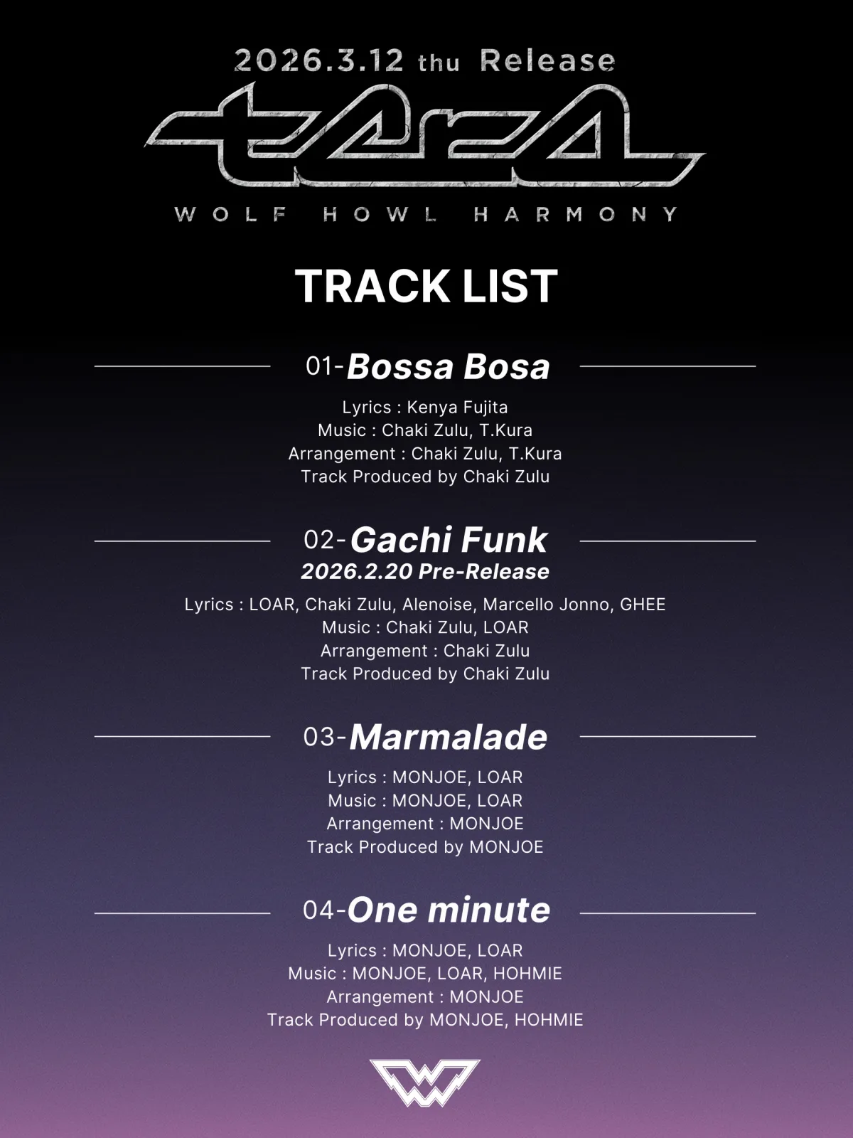 WOLF HOWL HARMONY（読み：ウルフハウルハーモニー） 1st EP『tera』トラックリスト解禁！先行配信曲「Gachi Funk」(読み：ガチファンキ)のリリースが2/20に決定！pre-add/pre-saveキャンペーンもスタート！