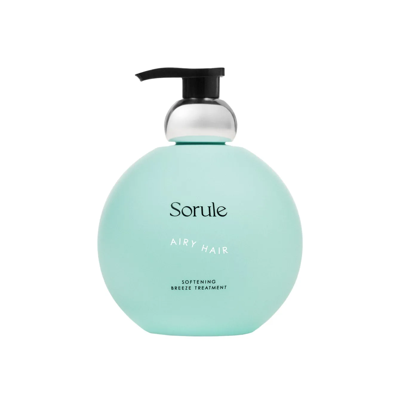 水色の丸い容器に入ったヘアトリートメント。ポンプ部分は黒色で、ボトルには製品名と特徴が記載されている。