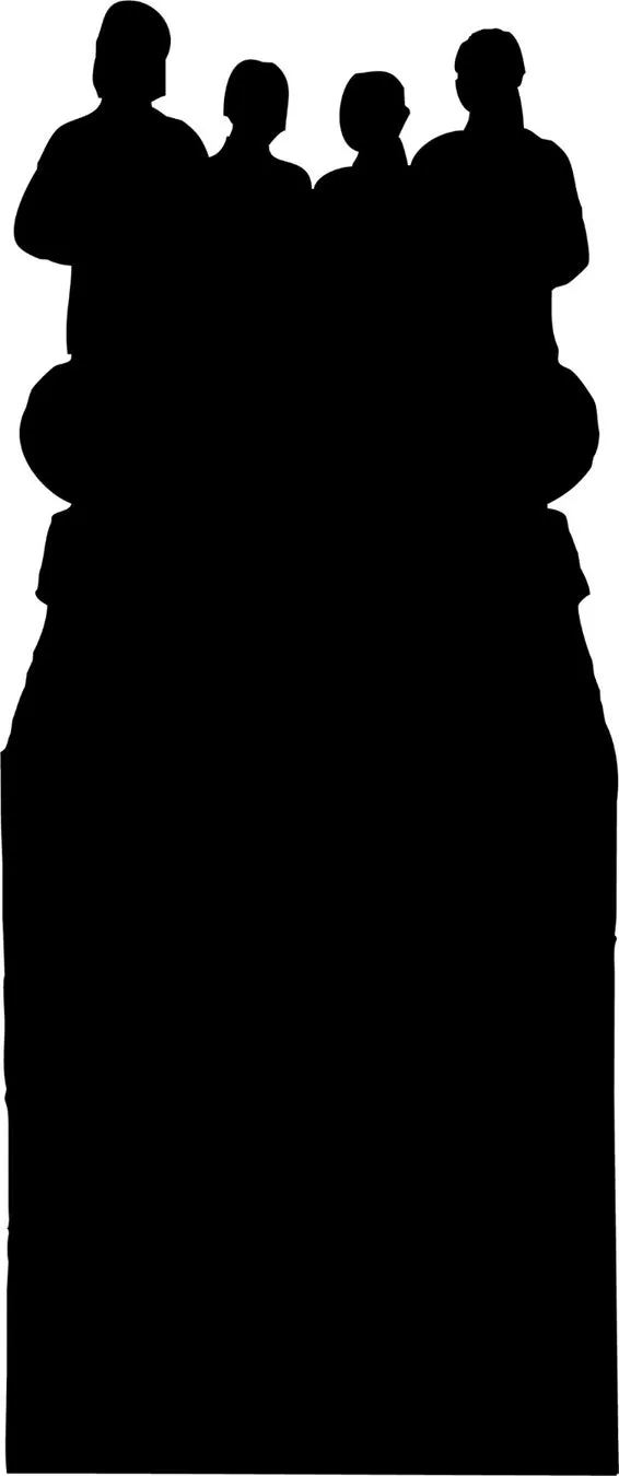 シルエットで描かれた4人の人物が、大きなオブジェクトの上に立っている画像