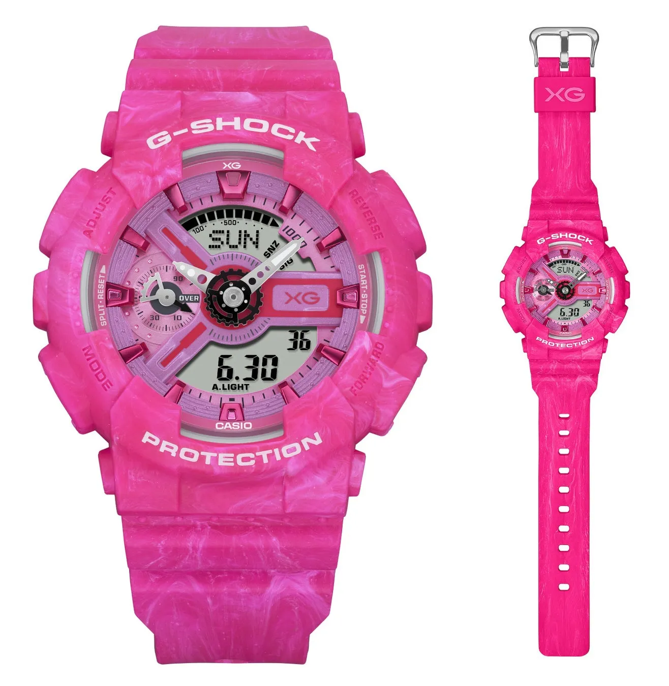 ピンク色のG-SHOCK腕時計、様々な角度から