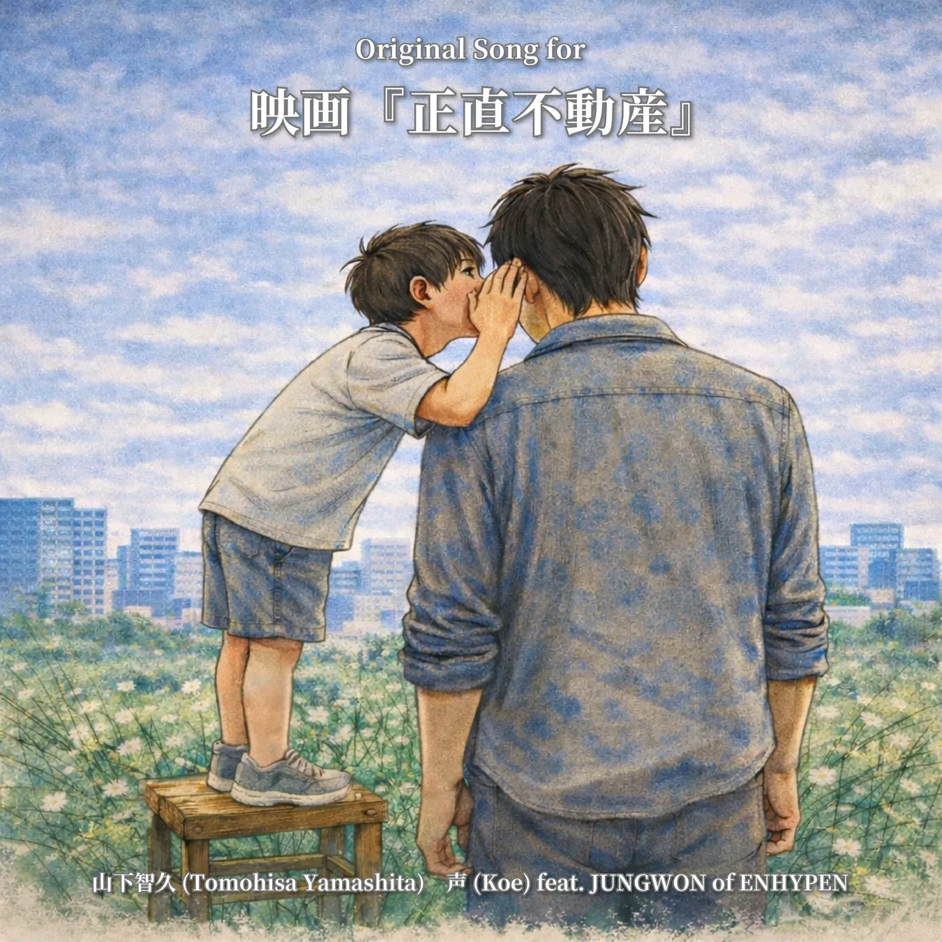 ENHYPEN JUNGWON、日本のTV初単独出演!山下智久とのコラボ曲「声」を『CDTVライブ!ライブ!』で初披露! 2 子供が父親の耳元で何かを囁いているイラスト。映画のタイトルロゴが描かれている。