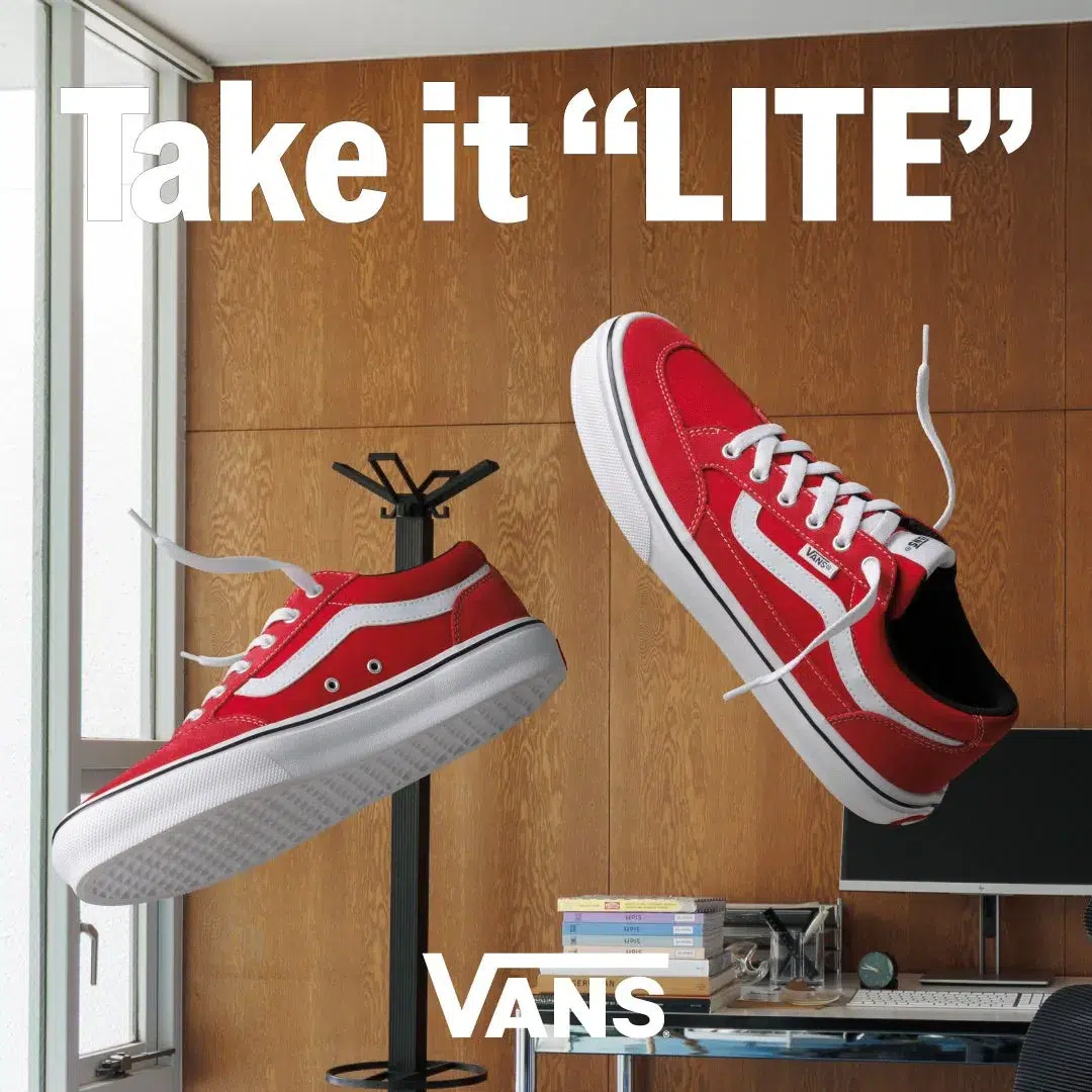 【VANS LITE】名作FALKENが「驚きの軽さ」で待望の復活!中田圭祐&るうこ出演の豪華新ビジュアルも 2 赤いVANSスニーカーが浮遊している画像